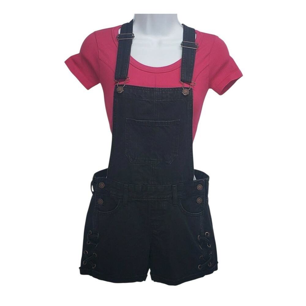 Hollister Black Denim Shortalls XS Lace Up Grommet Side Boyfriend Overalls Y2K